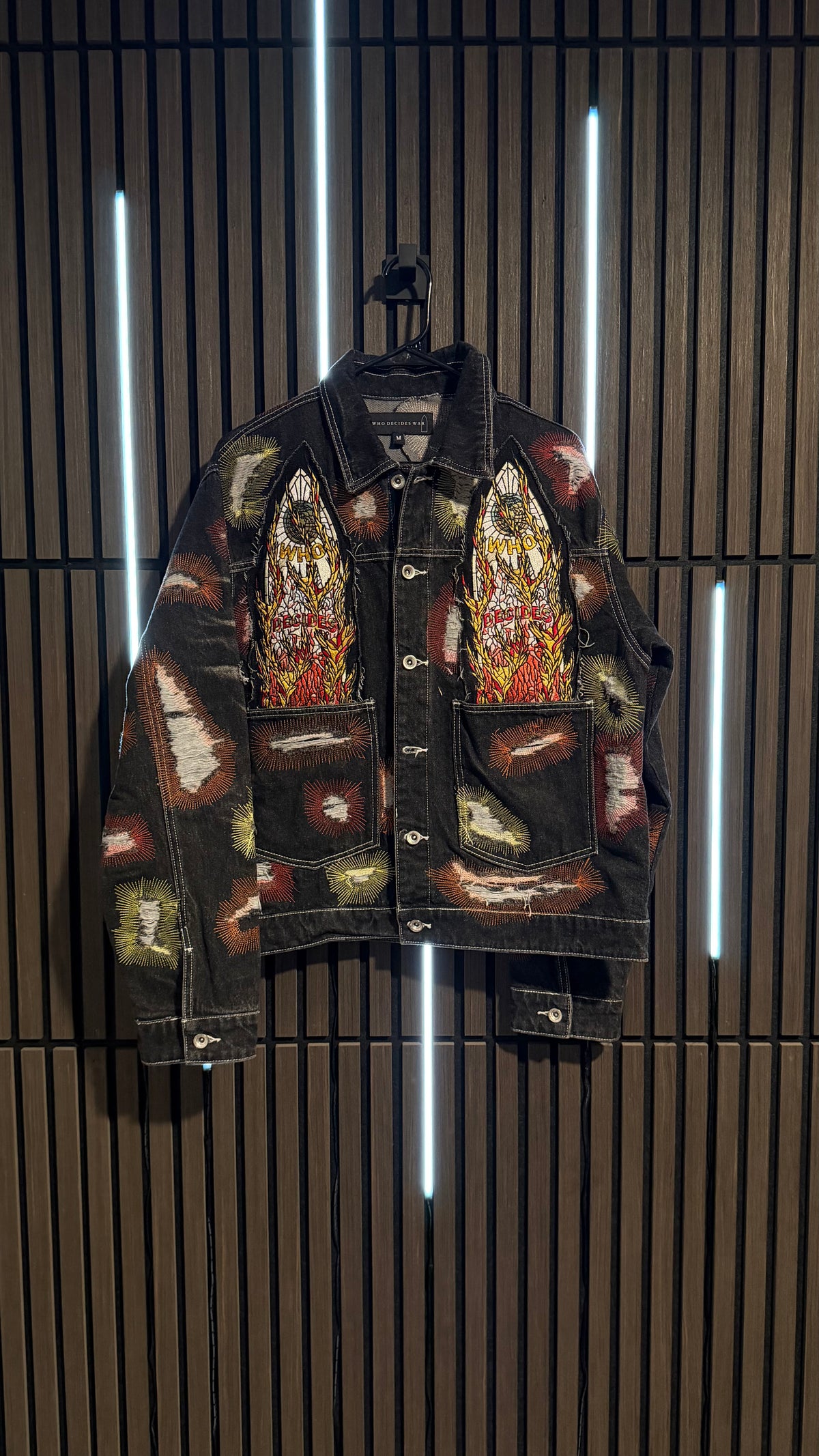 Who Decides War Flame Glass Darned Trucker Jacket Black