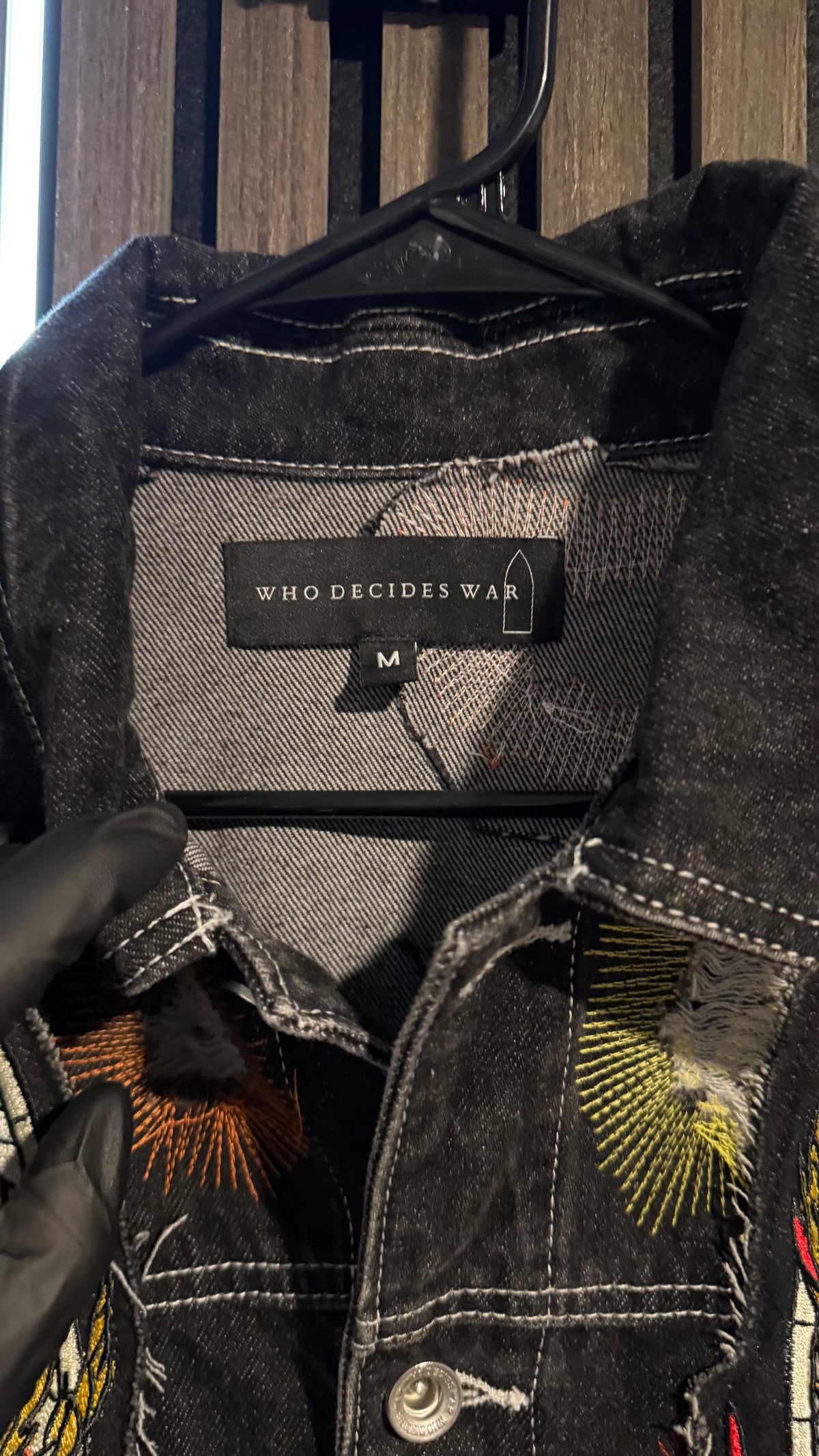 Who Decides War Flame Glass Darned Trucker Jacket Black