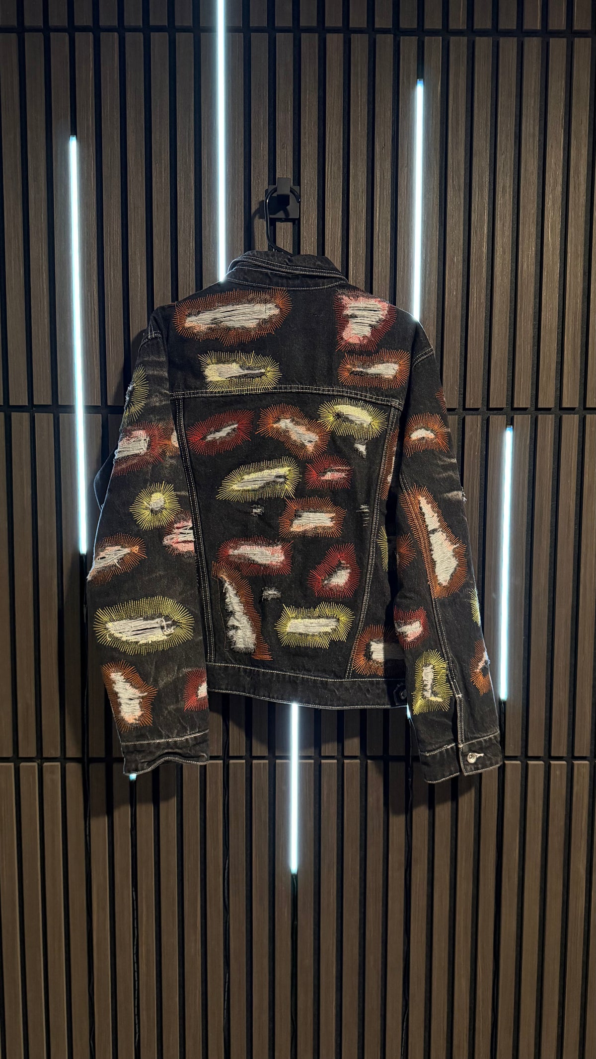 Who Decides War Flame Glass Darned Trucker Jacket Black